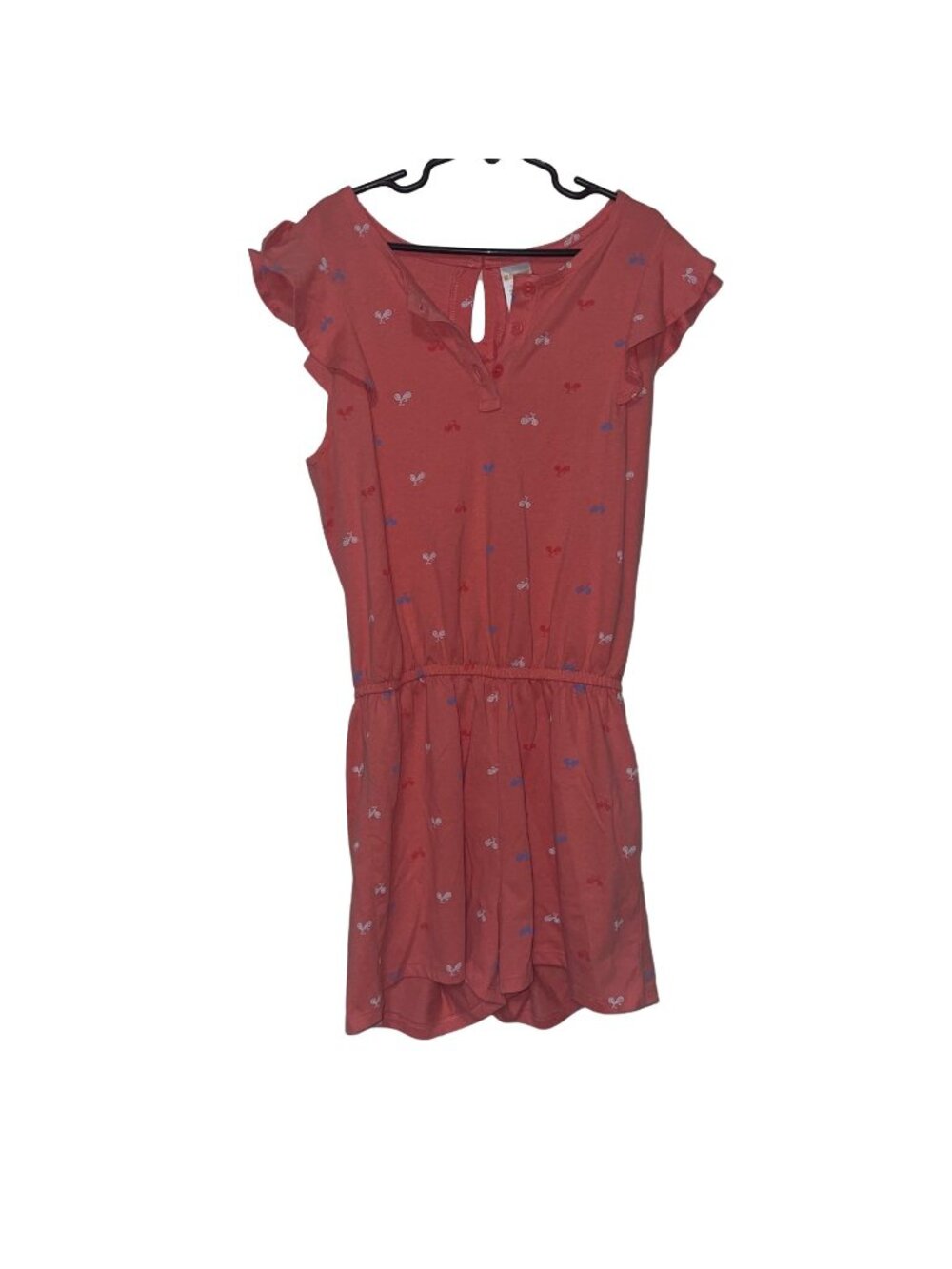 Girls Coral Bike-Print Romper With Flutter Sleeves & Button Keyhole Back